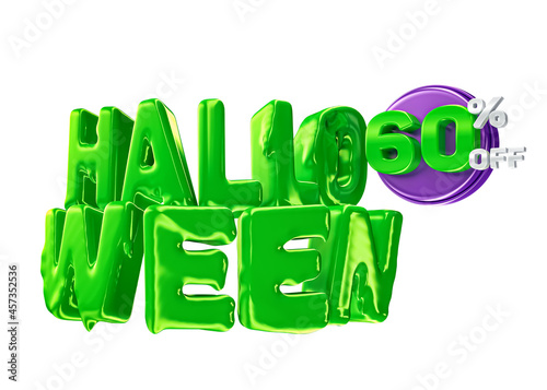 Purple and green Halloween Offer 60% off discount 3d label isolated.