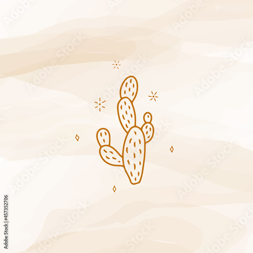 Desert landscape with cactus and sand dunes or hills on beige background. Vector illustration. 