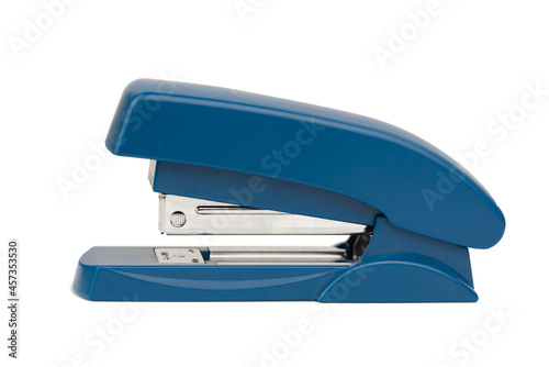 blue paper stapler isolated on the white background