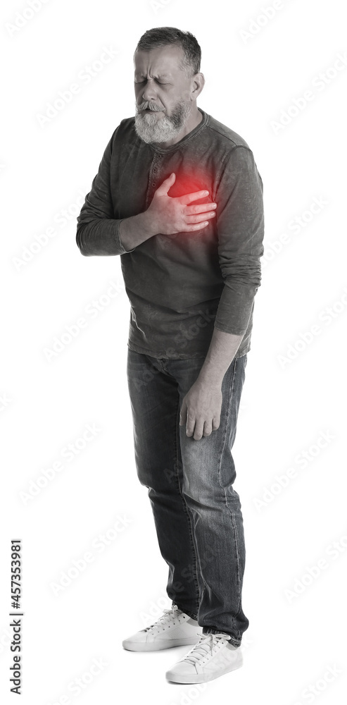 Mature man having heart attack on white background Mature man having heart attack on white background