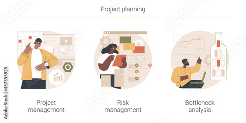 Project planning abstract concept vector illustration set. Project and risk management, bottleneck analysis, agile methodology, IT professional, workflow improvement, software abstract metaphor.
