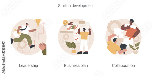 Startup development abstract concept vector illustration set. Leadership and business plan, collaboration, mutual assistance, managing skills, effective communication, entrepreneur abstract metaphor.