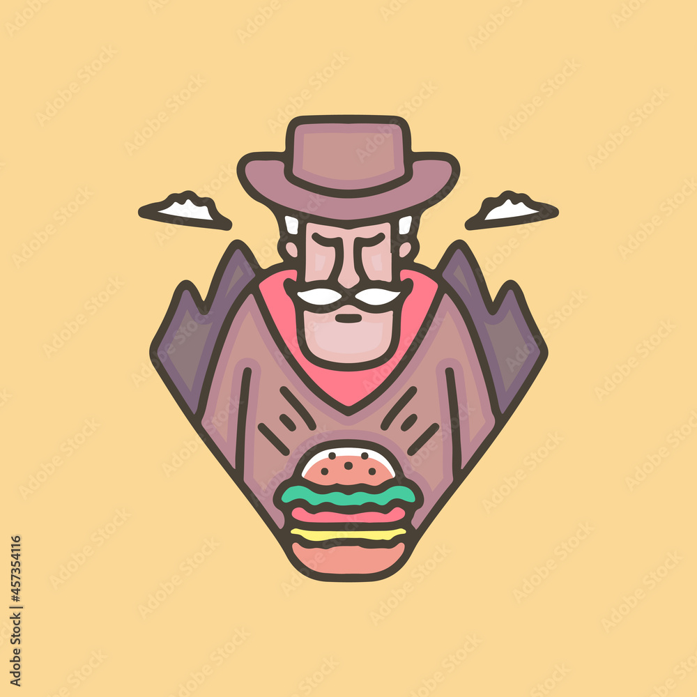 retro cowboy with burger cartoon, illustration for stickers and t shirt. retro cowboy with burger cartoon, illustration for stickers and t shirt.