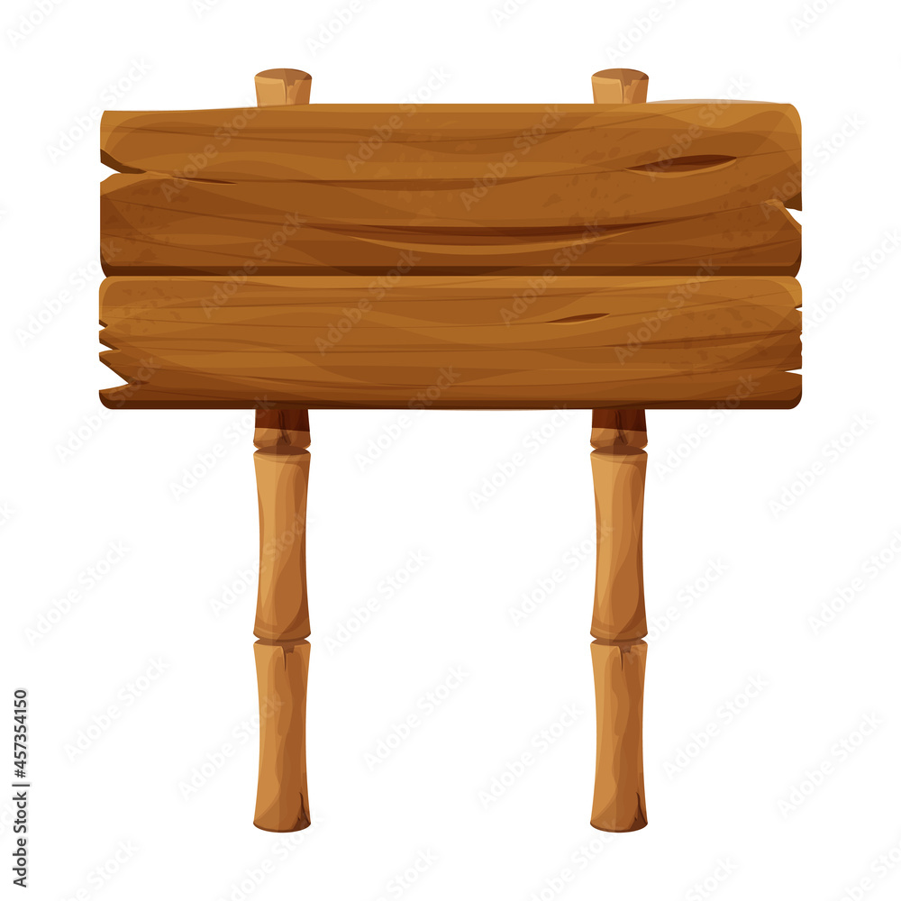 Wooden signboard with bamboo stick in cartoon style, empty signpost isolated on white background. Ui game asset, exotic decoration. Wooden signboard with bamboo stick in cartoon style, empty signpost isolated on white background. Ui game asset, exotic decoration.