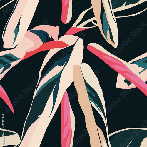 Exotic pink blue bright leaves seamless pattern on black background.