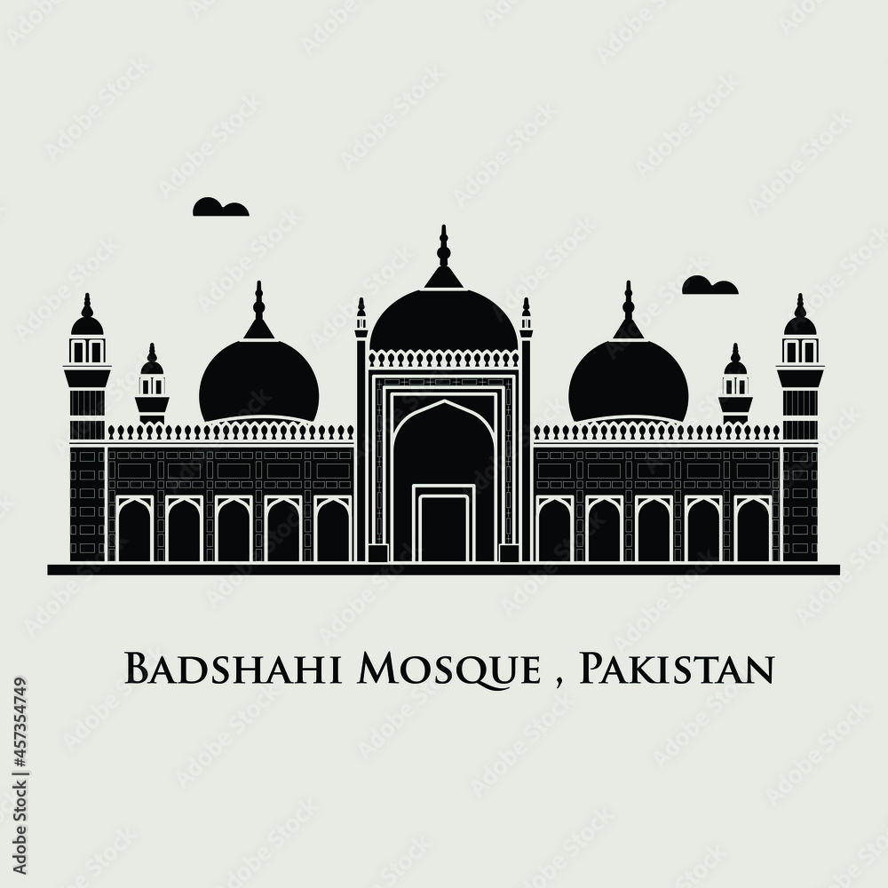 Silhouette flat icon vector illustration of a historic building mosque, Simple outline icon design cartoon landmark for praying vacation travel tourist attractions. Badshahi Mosque Pakistan.
