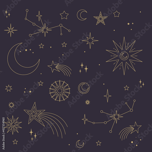 Astral elements vector design. Cosmic, celestial background. Stars, planets, sun, cosmos linear icons.