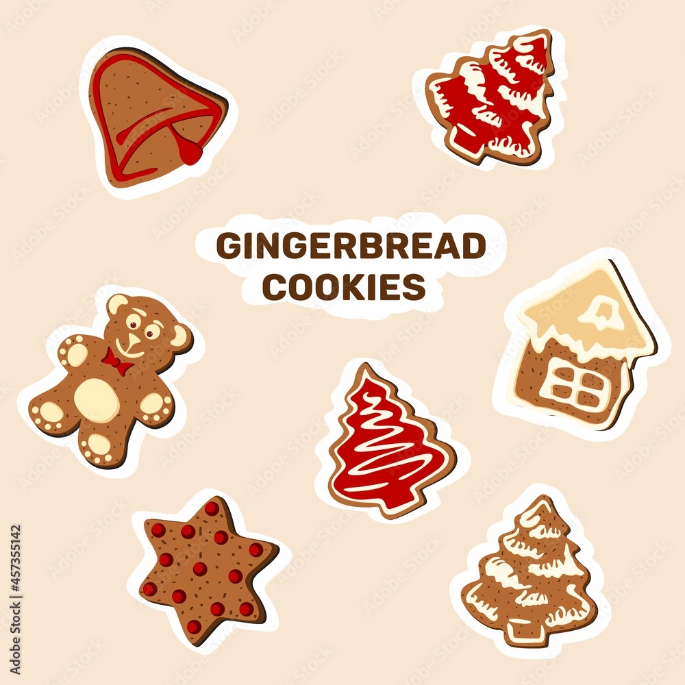 Set of Christmas stickers. Symbols of the holiday. Cartoon images of a cookies.