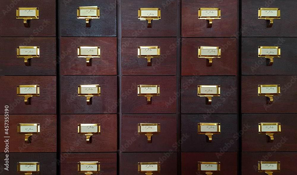 Brown wooden box or cabinet for receive letter or information document. Vintage or modern locker and Group of classic object.