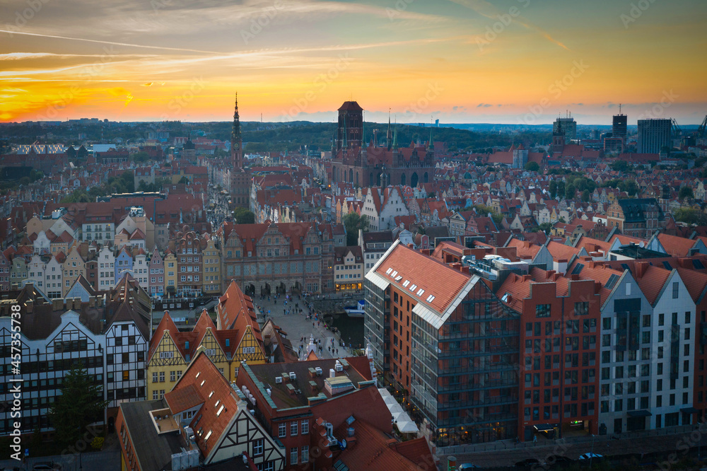 Beautiful architecture of the old town in Gdansk at sunset. Poland