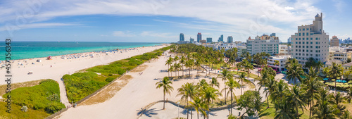 Miami, Florida April 12th, 2021. Aerial panoramic shot of Miami South Beach. © Mossaab