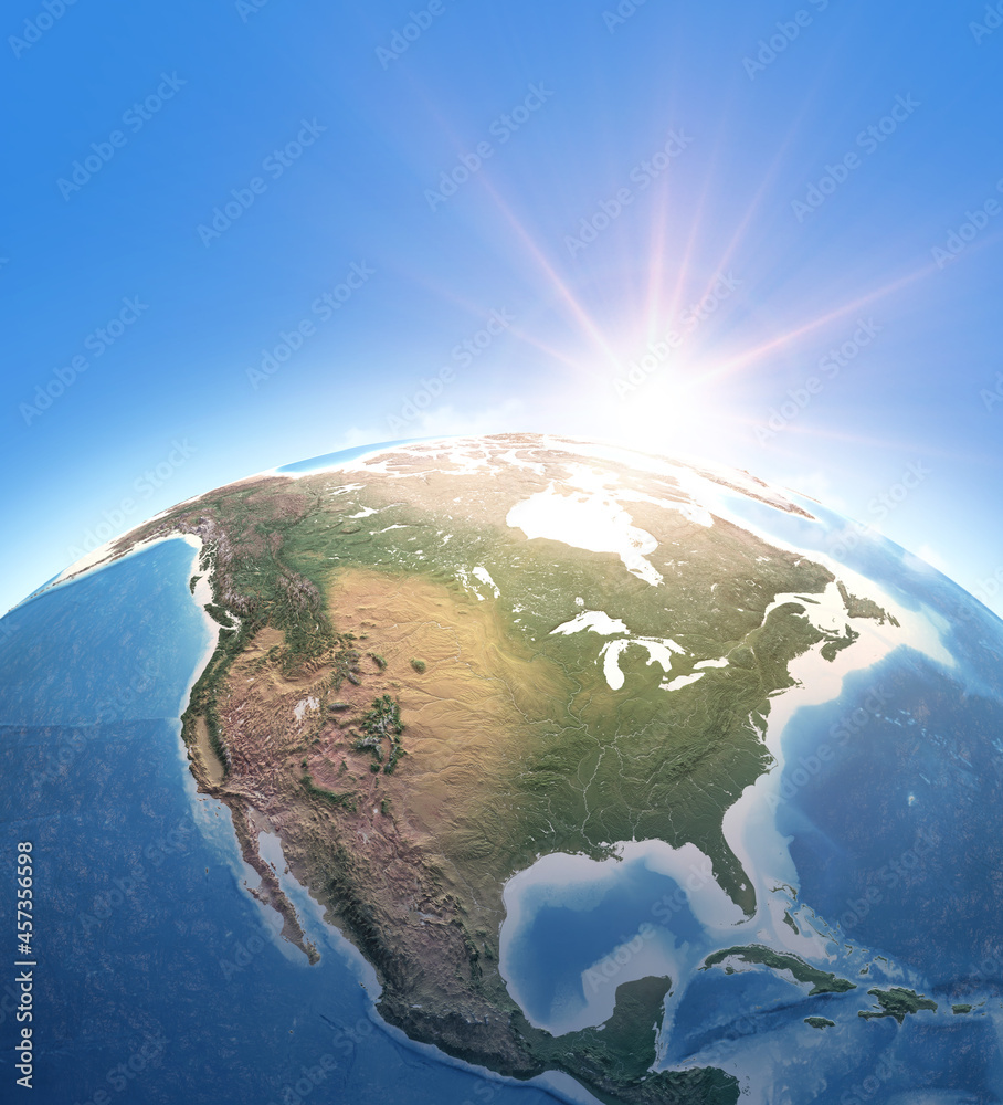Fototapeta premium Sun shining over Planet Earth. Physical map of North America, USA, Canada, Alaska ans Greenland. 3D illustration - Elements of this image furnished by NASA