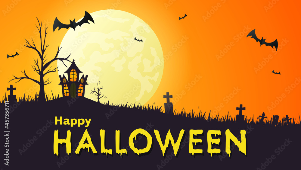 Happy Halloween handwritten with Haunted Castle and Big Moon and bat at night in Halloween on orange background  , Flat Modern design , illustration Vector EPS 10