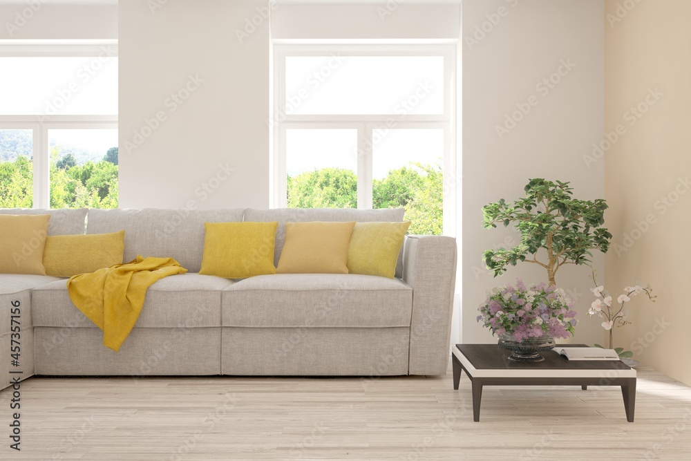 Fototapeta premium White living room with sofa and summer landscape in window. Scandinavian interior design. 3D illustration