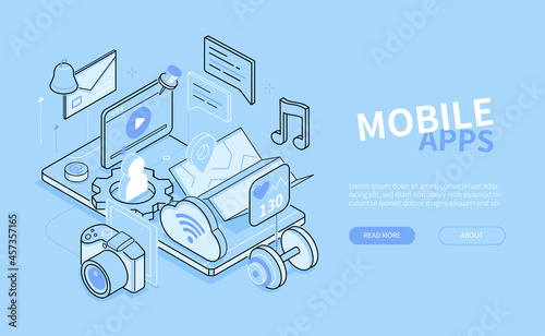 Mobile apps - blue line design style isometric banner