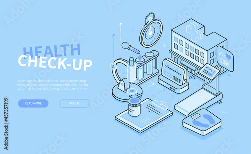 Health check-up - blue line design style isometric banner