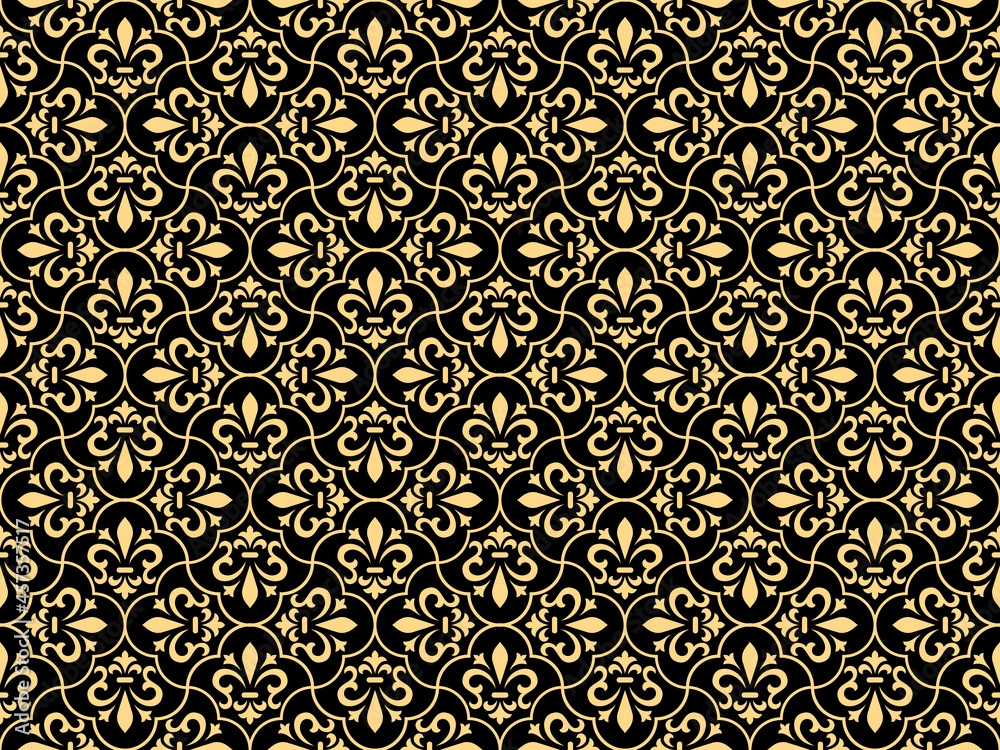 Flower geometric pattern. Seamless vector background. Gold and black ornament. Ornament for fabric, wallpaper, packaging. Decorative print Flower geometric pattern. Seamless vector background. Gold and black ornament. Ornament for fabric, wallpaper, packaging. Decorative print