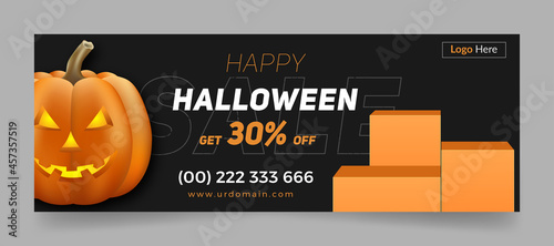 Happy Halloween sale banner or facebook cover page timeline, web ad template with pumpkins and display podium on black background