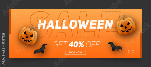 Halloween sale facebook cover page timeline, web ad  banner template with pumpkins and bats on orange background | Modern layout concept design	

