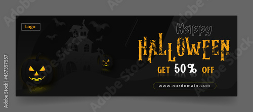 Happy Halloween sale banner or facebook cover page timeline, web ad template with pumpkins and bats on black background.