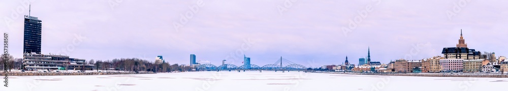 Riga cityline panorama from middle of river Daugava