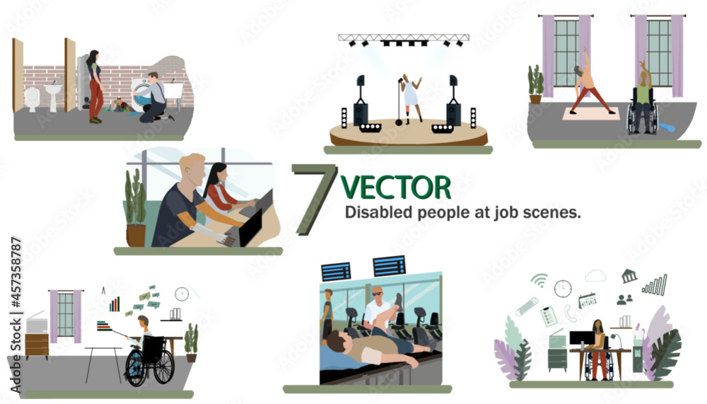 set of disabled people at job scenes, plumber with leg prosthesis,
disabled woman in wheelchair doing yoga,  
Visually impaired male Physical Therapist.