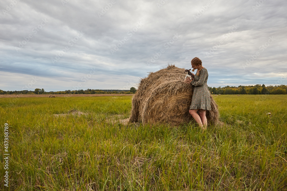 blonde girl in a dress with a basket and a dog standing in a field near a haystack blonde girl in a dress with a basket and a dog standing in a field near a haystack