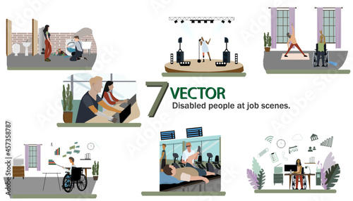 set of disabled people at job scenes, plumber with leg prosthesis,
disabled woman in wheelchair doing yoga,  
Visually impaired male Physical Therapist.