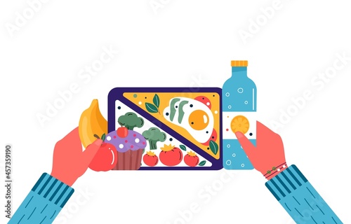 Hands holding breakfast or lunch meals. Food, drinks for Children school lunch boxes with meal, broccoli, sandwich, juice, snacks, fruit, vegetables.Vector trendy