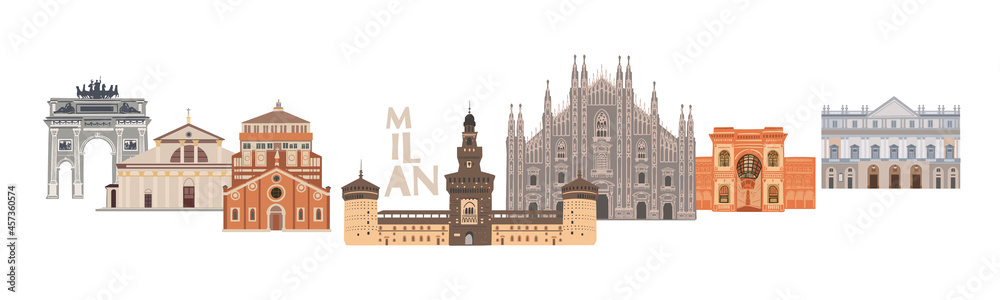 Naklejka premium Milan banner of buildings world famous places. Italy. Cartoon doodle art for design. Traditional symbols full color vector illustration.