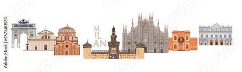 Milan banner of buildings world famous places. Italy. Cartoon doodle art for design. Traditional symbols full color vector illustration.