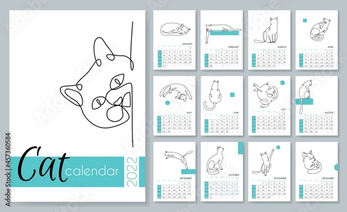 Calendar 2022. Monthly calendar template with a thin line drawings of cats. One line style calendar. Silhouette of cats in motion and without. Printable creative template. Vector illustration. Outline