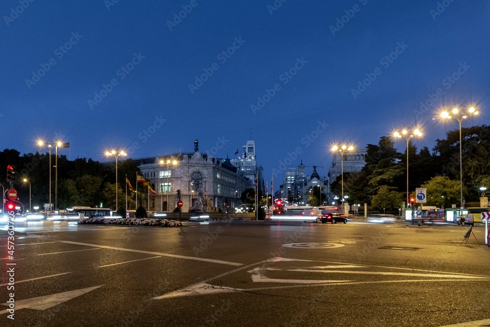 Madrid, Spain. October 1, 2019: Emblematic buildings on Gran Vía avenue at night.