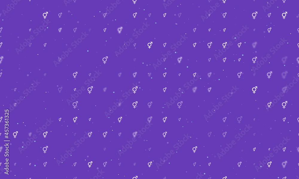 Seamless background pattern of evenly spaced white bigender symbols of different sizes and opacity. Vector illustration on deep purple background with stars