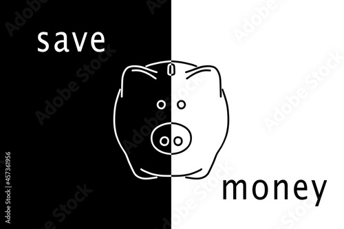 Drawn piggy bank on black and white background with the text 