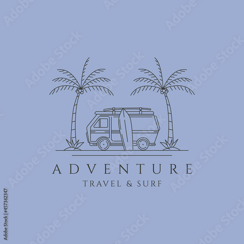adventure camper van and surf line art illustration logo design