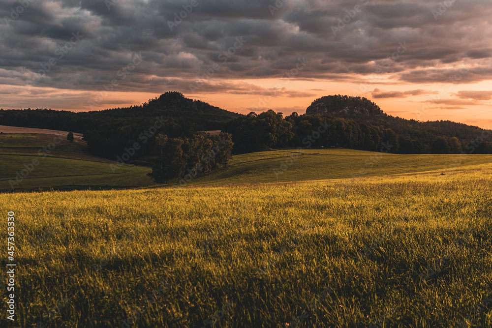 sunset over the field of Swiss Saxony, Germany