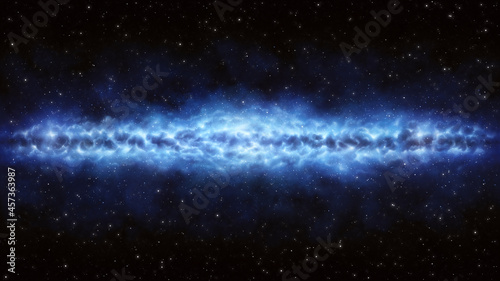 Background of a blue galaxy seen horizontally in the middle of the universe full of stars. Realistic illustration