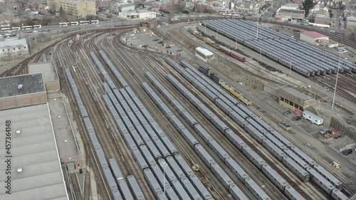 Aerial wide shot of train depot