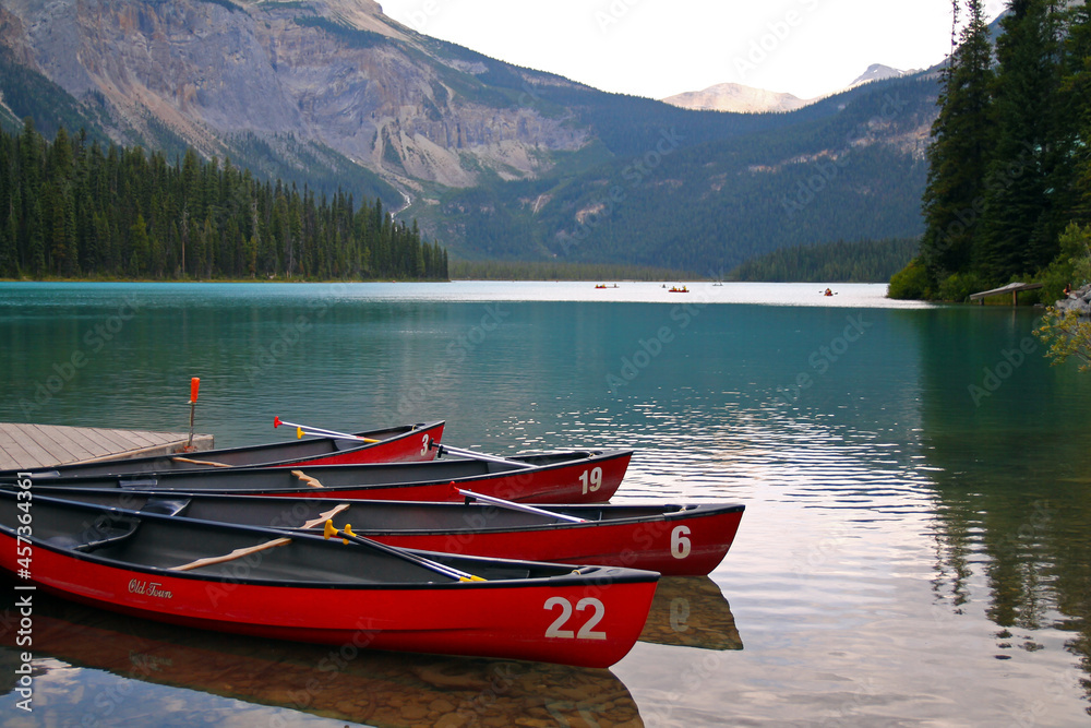 The red canoe on the beautiful Emerald Lake in Yoho National Park