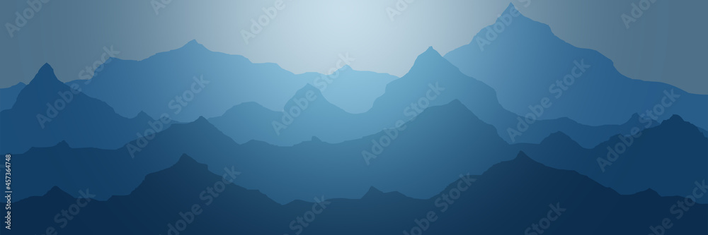 Abstract illustration of mountains, ridge in the morning haze, panoramic view - obrazy, fototapety, plakaty 