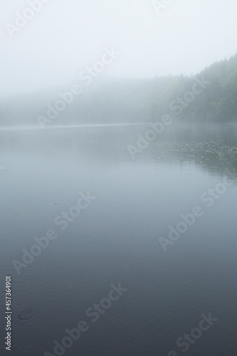Fog and mist enshroud Lake Solitude in Newbury, New Hampshire.