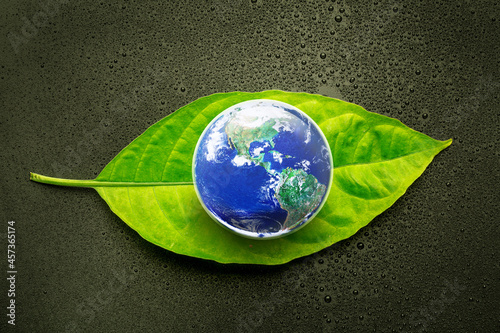 Globe Earth on Green Leaf and dark beckground with alot of water drops, Mother Nature Earth is in the Dark Day Save Our World Now Concept,, Elements of this image furnished by NASA