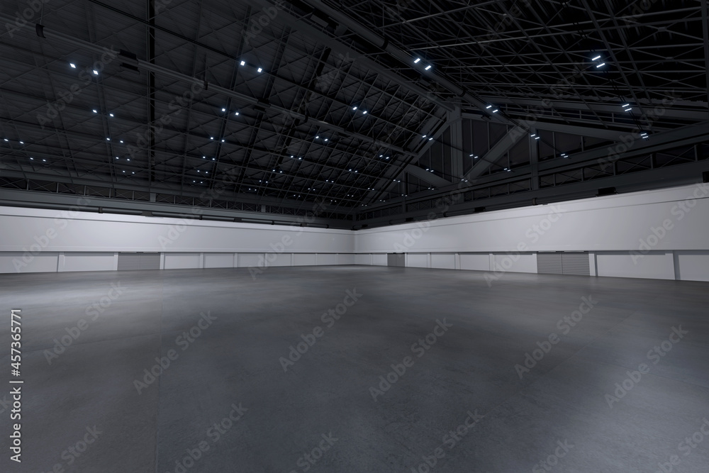 Empty hall exhibition centre.The backdrop for exhibition stands, booth,market,trade show.Conversation for activity,meeting.Arena for entertainment,event,sports.Indoor  for Factory,warehouse.3d render.