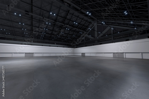 Empty hall exhibition centre.The backdrop for exhibition stands, booth,market,trade show.Conversation for activity,meeting.Arena for entertainment,event,sports.Indoor for Factory,warehouse.3d render.