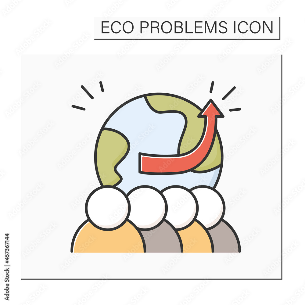 Overpopulation color icon. People with Earth globe and rising trend ...