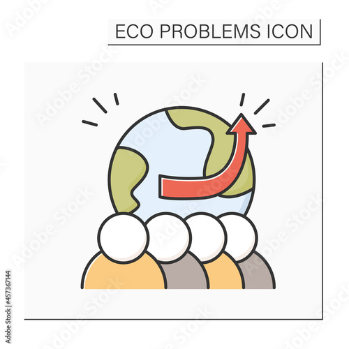 Overpopulation color icon. People with Earth globe and rising trend arrow. Concept of world human population growth and global ecology impact. Isolated vector illustration