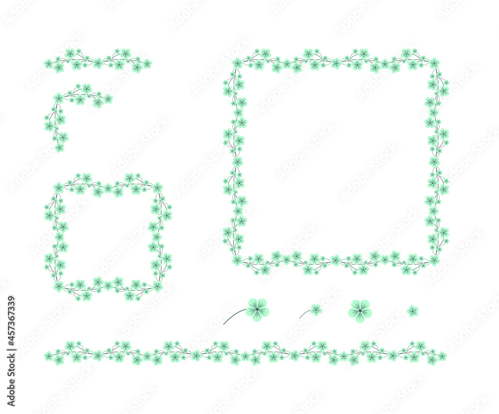 Frame, border of blue flowers and stems. Limiter, ornament along the contour, floral pattern, color design of pages and photographs. Vector illustration, flat cartoon design isolated. Frame, border of blue flowers and stems. Limiter, ornament along the contour, floral pattern, color design of pages and photographs. Vector illustration, flat cartoon design isolated.