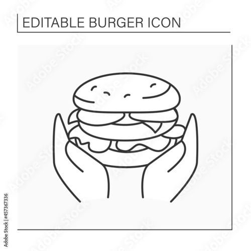 Burger lover line icon. Hands on burgers. Love for unhealthy food.Fast food concept. Isolated vector illustration. Editable stroke