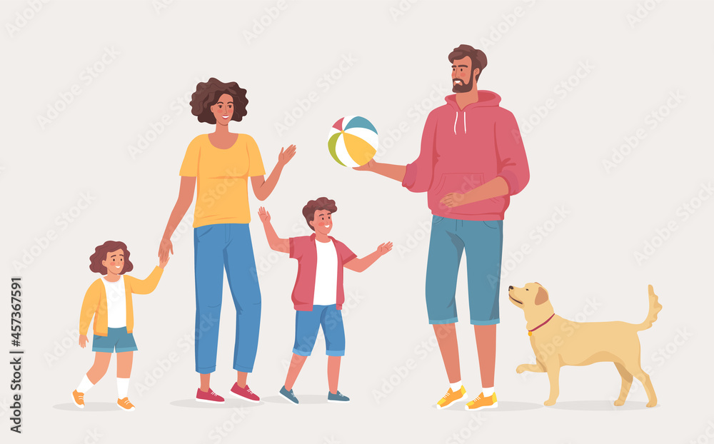 Happy cartoon family playing games and having fun. Cute father, mother, son, daughter and puppy cartoon vector character design 